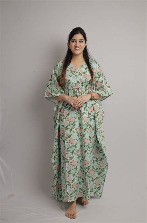 Teal Cotton Kaftan Maxi with Hand-Block Floral Print – SIS