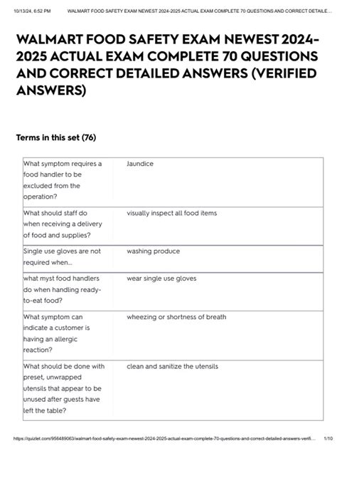 WALMART FOOD SAFETY EXAM NEWEST ACTUAL EXAM COMPLETE 70 QUESTIONS AND ...