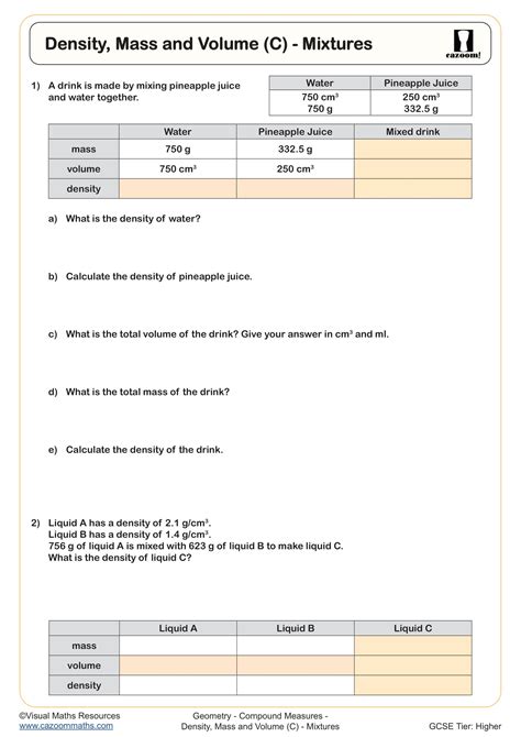 Density, Mass and Volume (C) - Mixtures Worksheet | Fun and Engaging ...