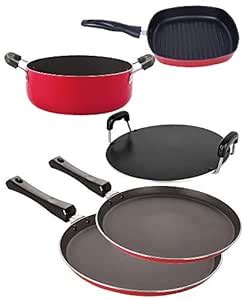Nirlon Aluminium Cookware Set, 5-Pieces, Red and Black, 2.6mm_FT13_FT10 ...