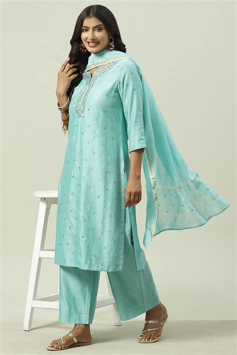 Turquoise Straight Kurta Palazzo Suit Set