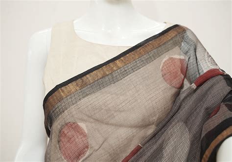 Grey Polka Dot Block Printed Kota Saree - Desically Ethnic