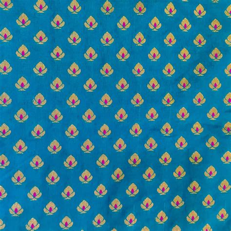 Brocade Light Blue With Gold And Pink Motif Weave Handwoven Fabric ...