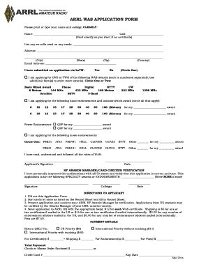 Fillable Online arrl ARRL WAS APPLICATION FORM 2016 - arrl Fax Email ...