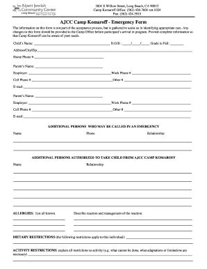 Fillable Online alpertjcc Camp Komaroff Emergency Form AJCC Waiver ...