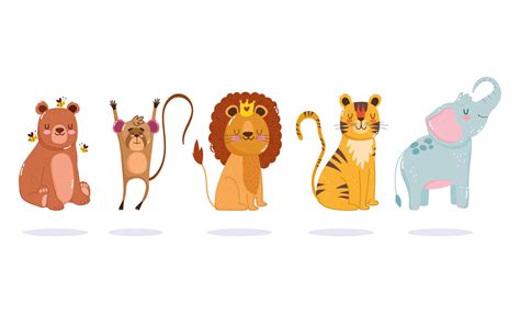 Cartoon animals. Lion, tiger, bear, monkey, and elephant 1384252 Vector ...