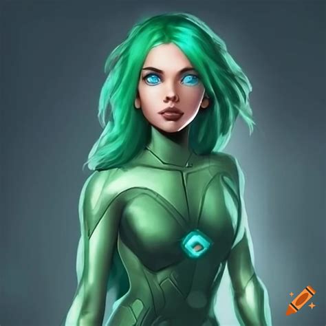 Image of a green-haired superhero with blue eyes