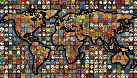 An illustration depicting a colorful mosaic that forms a world map ...