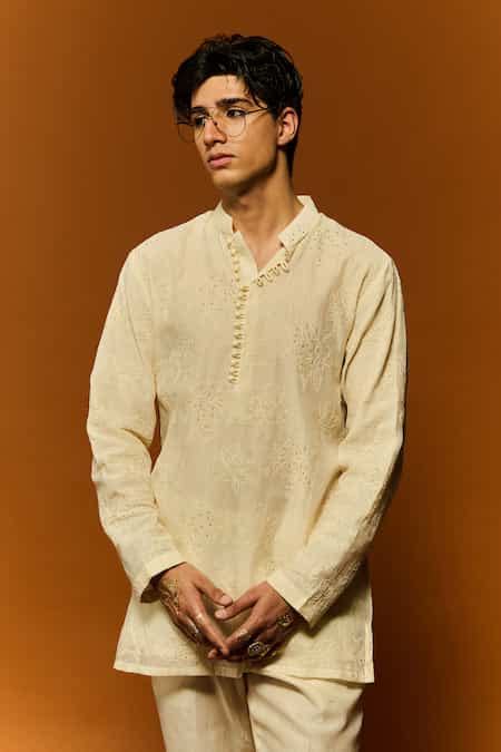 Buy Ivory Chanderi, Cotton Embroidery Rose Thread Hand Kurta And Pant ...