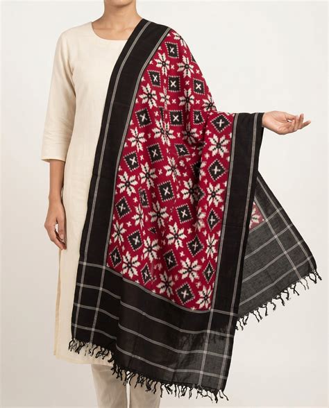 Maroon & Jet Black Floral Geometric Telia Rumal Double Ikat Cotton Dup ...