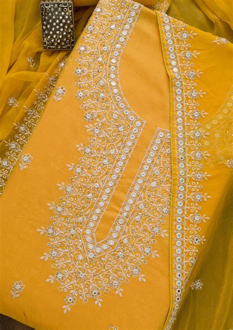 Buy Yellow Stonework Cotton Semi-Stitched Salwar Suit - Koskii