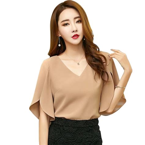 Elegant Blouse Women Ladies Short Sleeve Office White Shirt Sexy V Neck ...