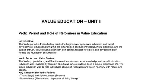 Value Education Unit II: Vedic Period & Reformers' Impact - Studocu