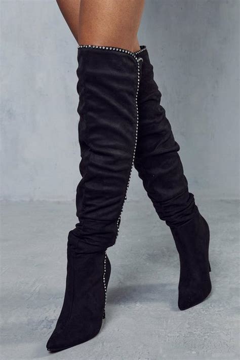 Diamante Slouched Knee High Boots | boohoo UK
