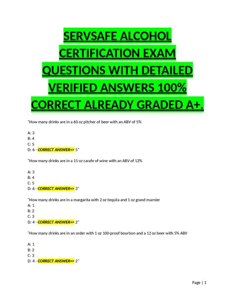 SERVSAFE ALCOHOL CERTIFICATION EXAM QUESTIONS WITH DETAILED VERIFIED ...