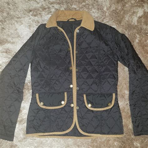Ladies navy and tan quilted Barbour jacket. Size 8.... - Depop