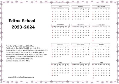 Edina School Calendar with Holidays 2023-2024