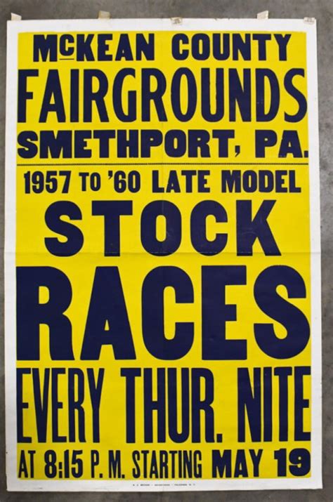 At Auction: 1960s McKean Co Fairgrounds Stock Car Races Poster