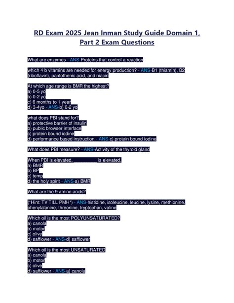 RD Exam 2025 Jean Inman Study Guide Domain 1, Part 2 Exam Questions ...