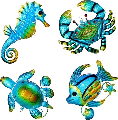 Buy Hotop 4 Pieces Metal Outdoor Fish Sea Wall Art Decor Ocean Themed ...