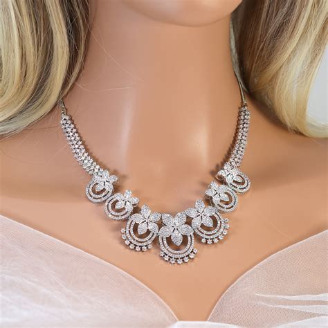 Swarovski Crystal Rose Gold Silver Flower Cascade Necklace set, Gift f ...