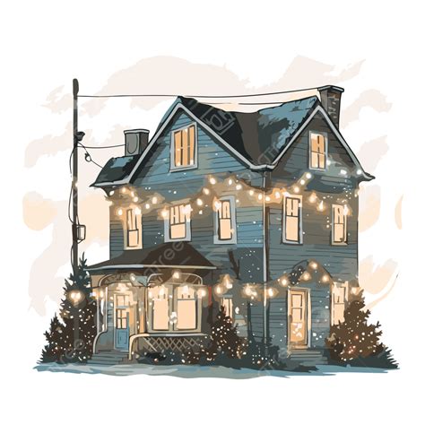 Christmas Lights On House Vector, Sticker Clipart Digital Drawing Of A ...