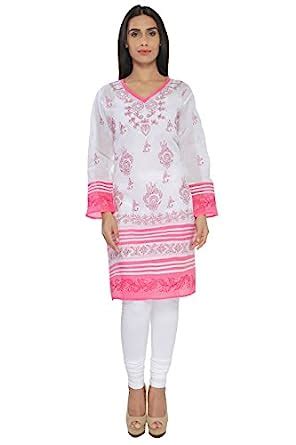 Buy BDS Chikan Cotton Base White Colour kurti For Woman Pink & White ...