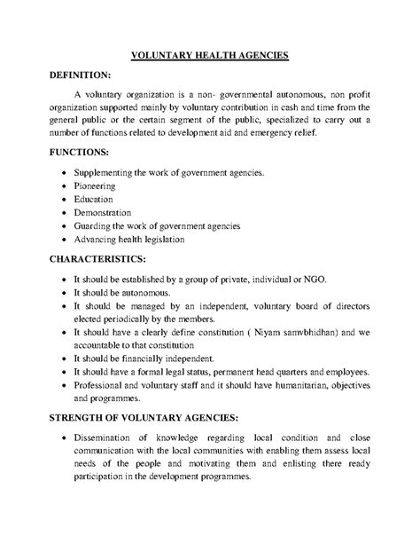 Voluntary Health Agencies:-non- governmental autonomous, non profit ...