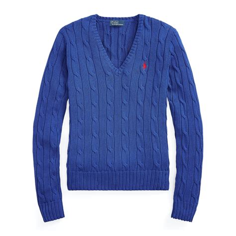 Buy Polo Ralph Lauren Women Royal Blue Cable-Knit Cotton V-Neck Sweater ...