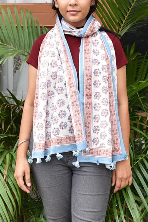 Elegant Hand block printed Cotton stole with cloth tassels – India1001.com
