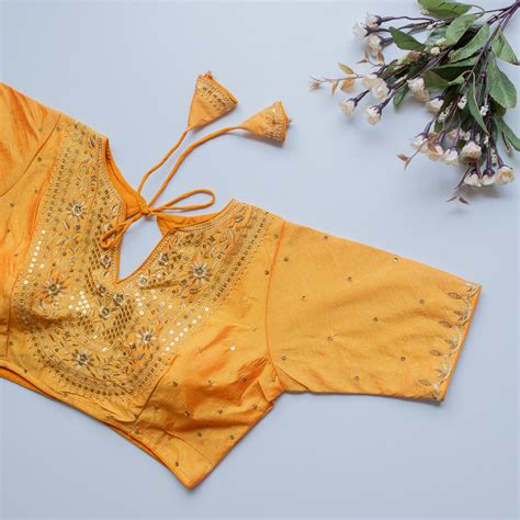 Yellow Olive Silk Blouse with Golden Embroidery and Sequence