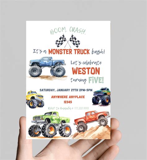 Monster truck theme birthday invitation boom crash it s a monster truck ...