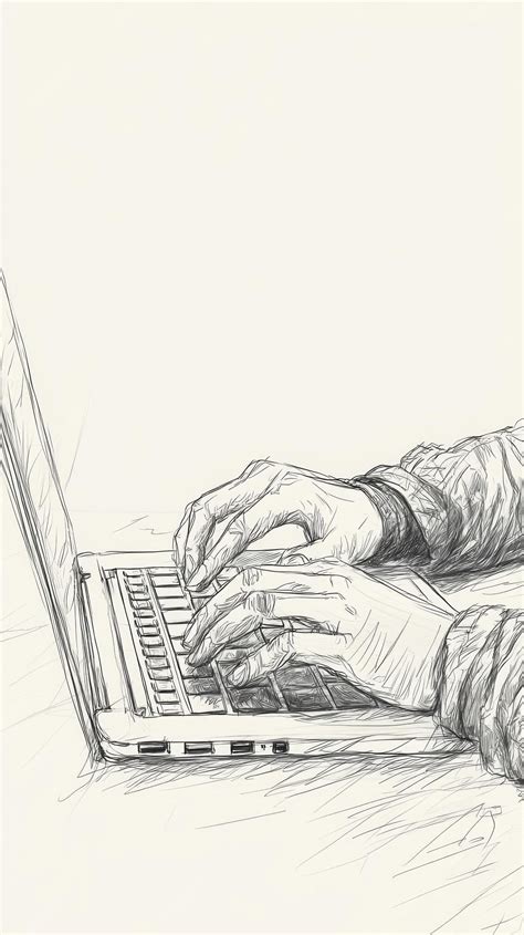 Hands typing on a laptop in a side view with a minimalistic sketch ...