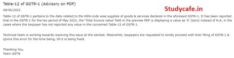 GSTN Advisory on Table 12 Error in Form GSTR-1