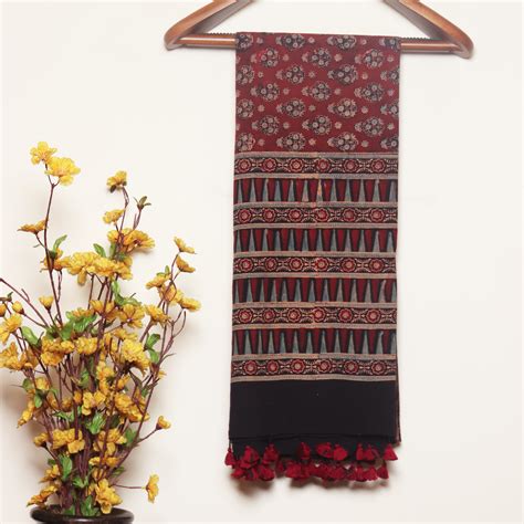 Maroon and Black Ajrakh Hand Block Printed Cotton Dupatta with Tassels ...