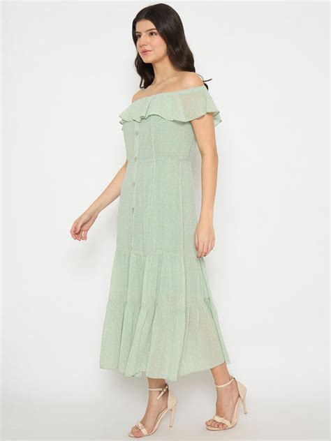 Madame Off Shoulder Solid Green Midi Dress