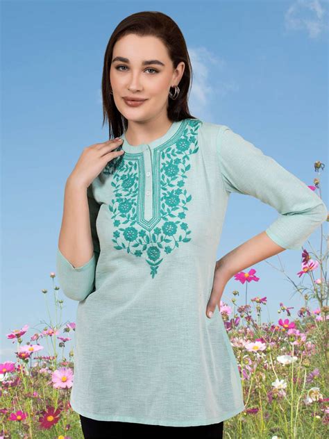 Sea Green Solid Tunic with Embroidered Yoke – Saffron Threads