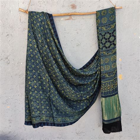 KHWABEEDA - Modal Silk Ajrak Hand Block Print Saree Gajji Palla Blue W ...