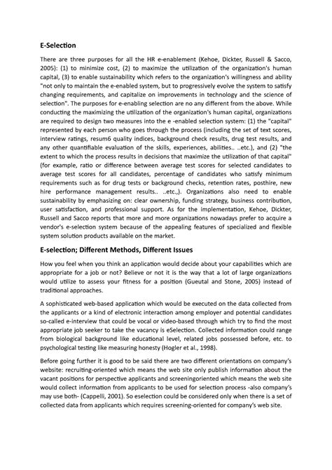 E selection - E-Selection There are three purposes for all the HR e ...