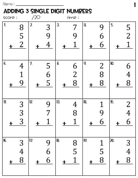Image result for Adding 3 Single Digit Numbers Worksheet