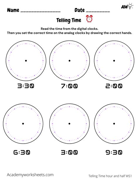 Clock Worksheets - Hour and Half an Hour - Academy Worksheets ...