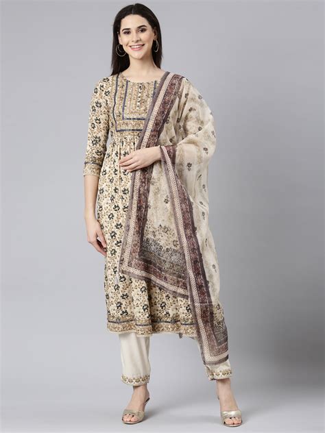 Neerus Beige Regular Straight Floral Kurta And Trousers With Dupatta ...