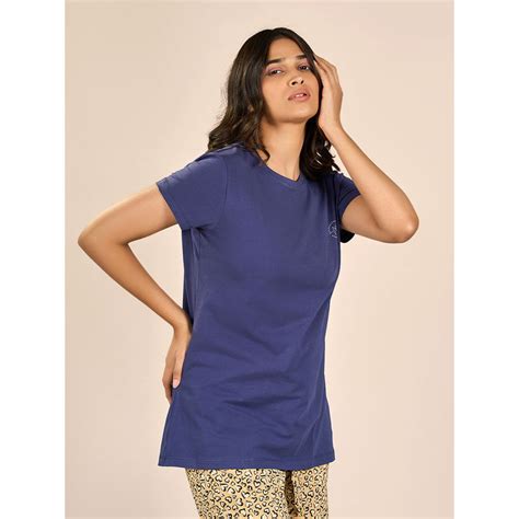 Buy MAYSIXTY Women Cotton Spandex Blue Round Neck Shorts Sleeve Solid ...