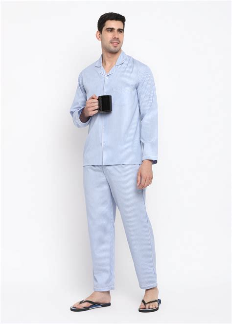 Light Blue and White Stripes Long Sleeve Men's Night Suit – Shopbloom