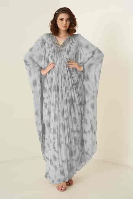 Buy Gray Georgette, Crepe Sequins, Stones V-neck Grey Kaftaan With ...