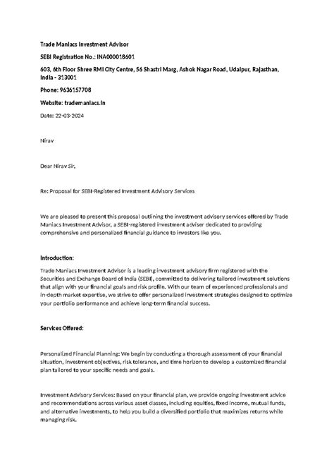 Service Proposal - Trade Maniacs Investment Advisor SEBI Registration ...