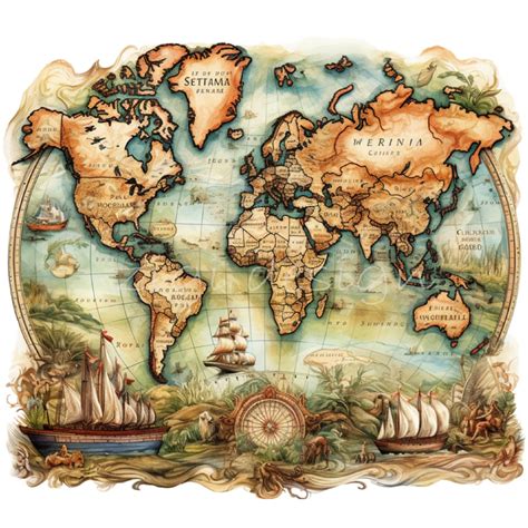 World Map Clipart 15 PNG, Watercolor Vintage Old Map Illustration, Clip ...