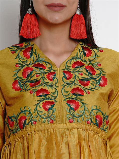 Shop Bhama Couture Women Mustard Yellow Embroidered Top Online