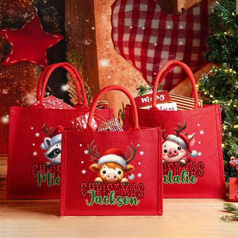 Personalized Cartoon Christmas Animal Design Tote Bag with Name, Large Capacity Jute Bag ...