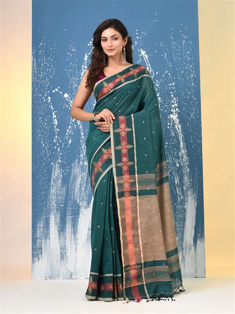 Teal Ethnic Motifs Cotton Handspun Soft Saree – Charukriti